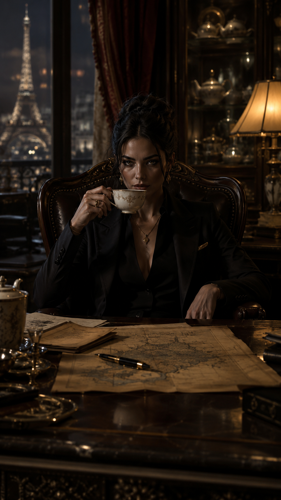 Sala seated in a dark Parisian tea shop