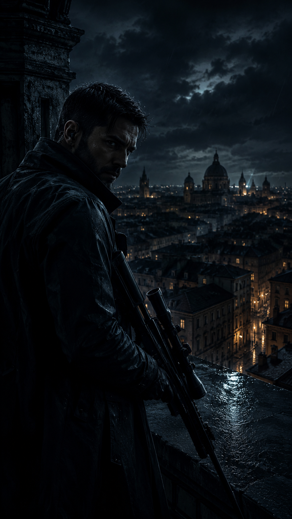 Overwatch holding a sniper rifle above a city at night