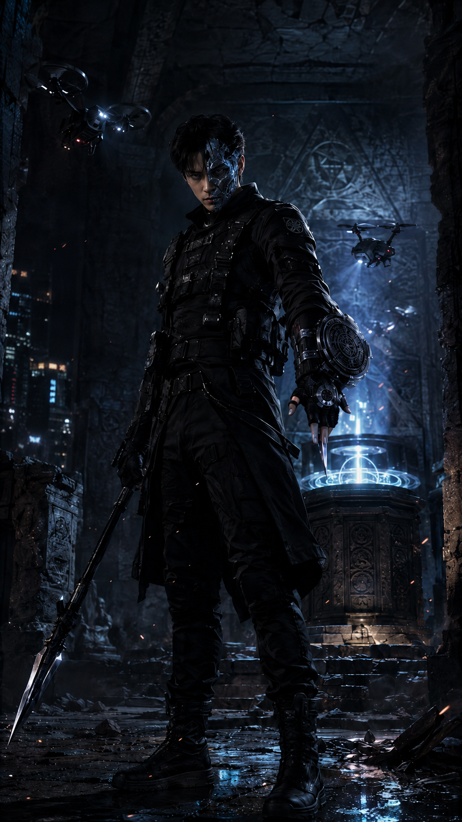 Silver-masked assassin Casa holding a short spear in a dark ancient setting