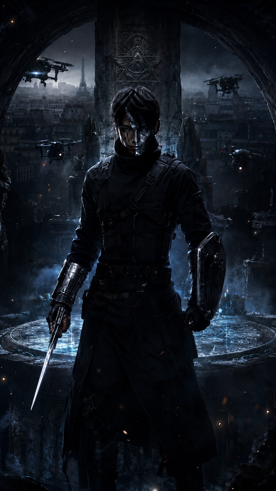 Casa in black tactical gear with a silver mask