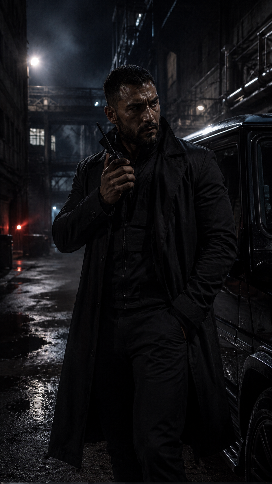 Tariq standing in a foggy industrial alley
