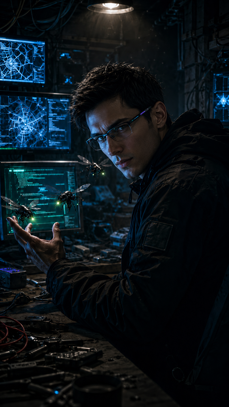 Hermes surrounded by screens and tactical drones